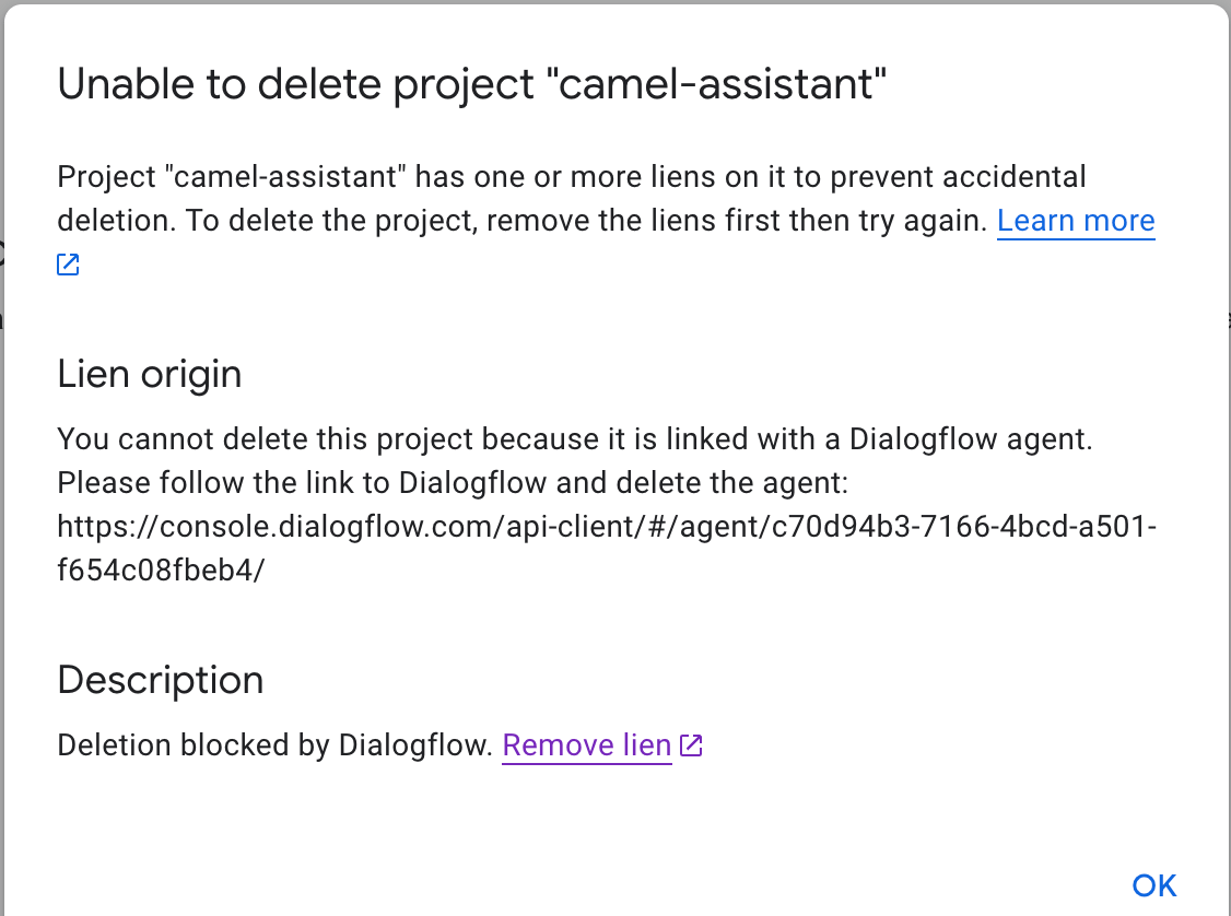 GCP delete project with Dialogflow